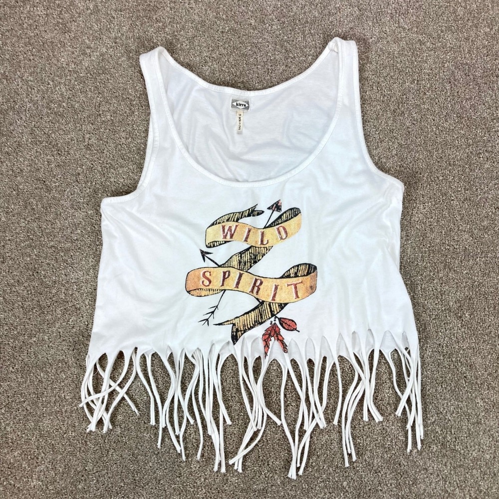 Kirra Cropped Fringe Graphic Tank Women Sz M White Summer Western Cowgirl Indie